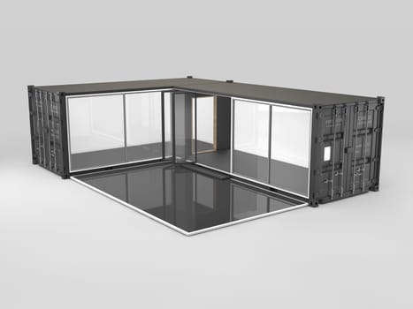 Converted old shipping container, 3d Illustration isolated gray
