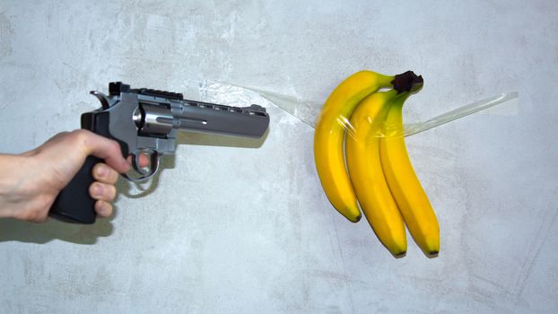 A gun aimed at a banana that is taped to a concrete wall. The concept of weapons and defenselessness. The revolver shoots a banana. Bright yellow bananas hang on the wall on sticky tape.