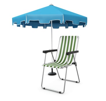 Vacation and travel concept. Beach umbrella, beach chair 3d Illustration.
