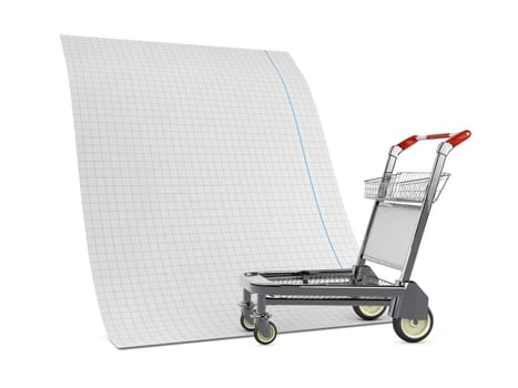 3d Illustration of matal shopping trolley with hopping list isolated on whitey.