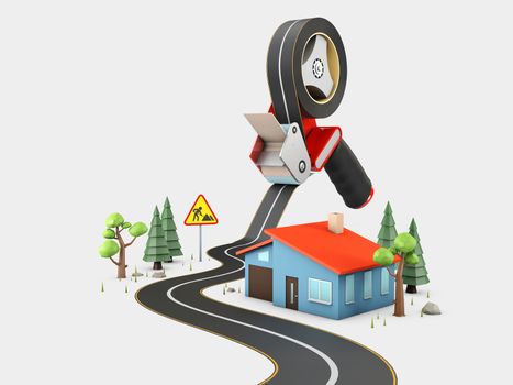 Curved road with white markings and tape dispenser. 3d illustration.