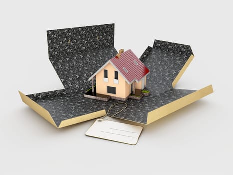 3d Illustration of open cardboard box with house on white background.
