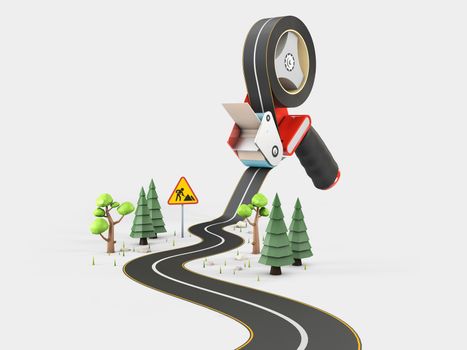 Curved road with white markings and tape dispenser. 3d illustration.