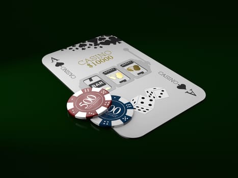 Playing card and poker chips casino, gambling casino games. 3d illustration.