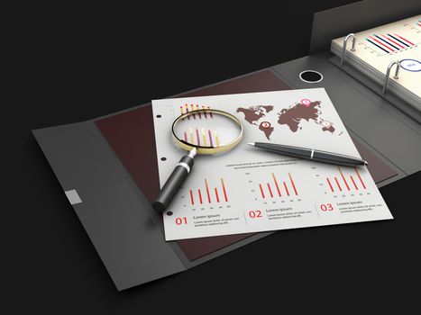 Ring binder folder with charts, 3d Illustration. Office cardboard folder branding presentation.