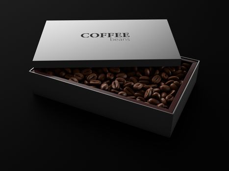 3d Illustration of coffee beans in a box on a black background.