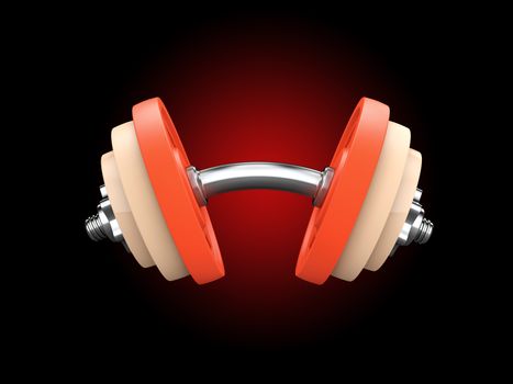 Metal dumbbell for fitness with chrome silver handle isolated on black background. 3d Illustration.