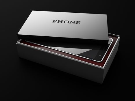 Black opened rectangular box with mobile phone inside 3d Illustration.