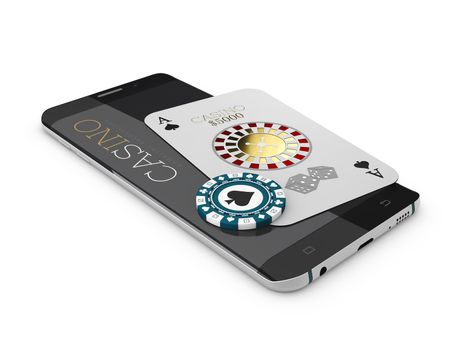 Online Internet casino app, poker card and chip on the phone, gambling casino games. 3d illustration.