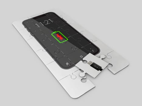 3D Illustration of concept with charging smartphone puzzle.