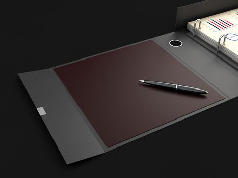 Ring binder folder with pen, 3d Illustration. Office cardboard folder branding presentation.
