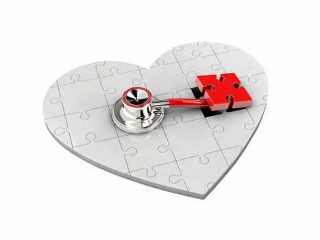 3d Illustration of white puzzle heart with stethoscope on white background.