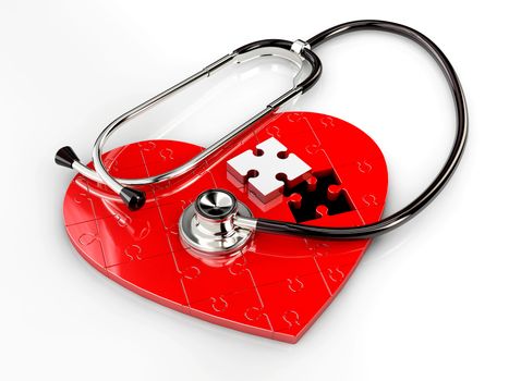 3d Illustration of Red puzzle heart with stethoscope on white background.