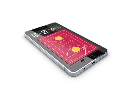 Smartphone with basketball ball and field on the screen. Sports theme and applications. 3d illustration.
