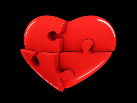 Red jigsaw puzzle heart diagram 3d illustration isolated on black background.