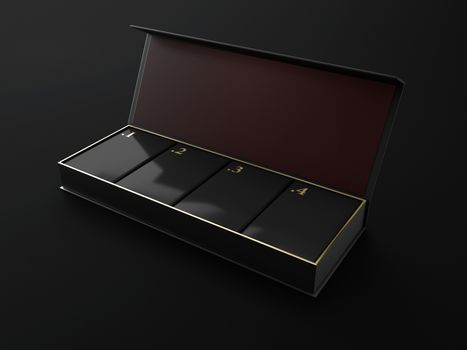 Opened Square Black Boxes Mockup with four square box in and golden numbers 3d Illustration.