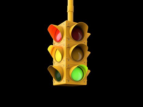 3d Illustration of yellow traffic lights isolated on black.