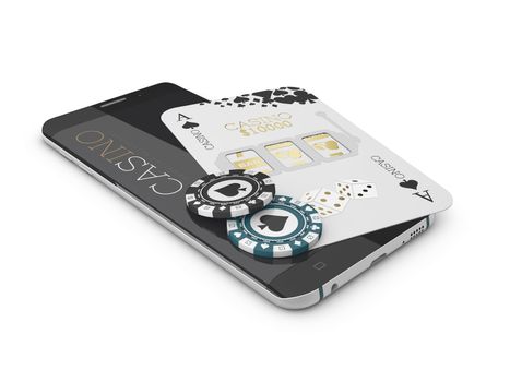 Online Internet casino app, poker card and chip on the phone, gambling casino games. 3d illustration.