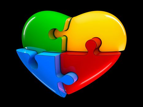 4 part jigsaw puzzle heart diagram 3d illustration isolated on black background.