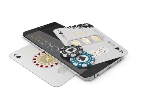 Online Internet casino app, poker card and chip on the phone, gambling casino games. 3d illustration.