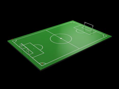 3d Illustration of soccer field, football field isolated black.