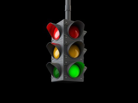 3d Illustration of traffic lights isolated on black.