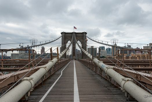 Landscape view Historical Brooklyn Bridge during Covid-19 Pandemic in New York. High quality photo