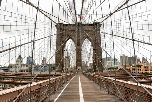 Landscape view Historical Brooklyn Bridge during Covid-19 Pandemic in New York. High quality photo