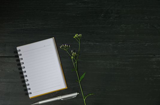 Top view of open book. Book open with pen on wooden background and copy space for insert text.