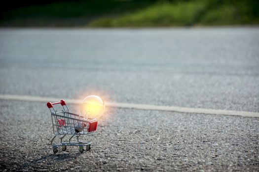 Energy saving light bulb with coins and shopping cart for saving, financial and shopping concept.