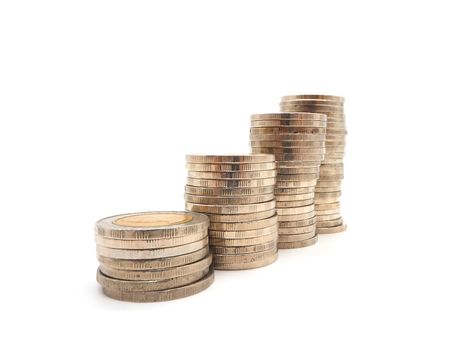 Saving money concept with money coin stack isolated on white background. Financial and accounting concept.