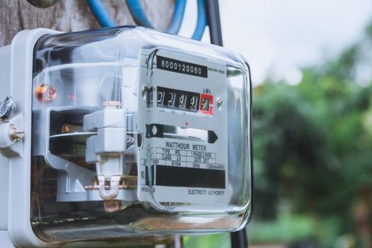 Electric power meter measuring power usage. Watt hour electric meter measurement tool.