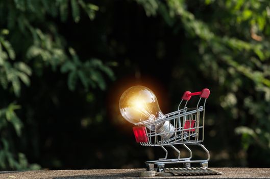 Energy saving light bulb with coins and shopping cart for saving, financial and shopping concept.
