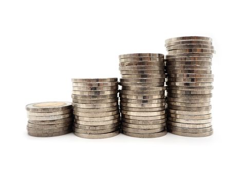 Saving money concept with money coin stack isolated on white background. Financial and accounting concept.