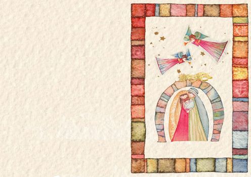 Hand drawn back postcard with Christmas nativity scene and Angel