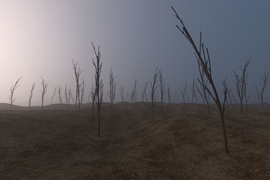 Bare saplings and barren hillsides,3d rendering. Computer digital drawing.