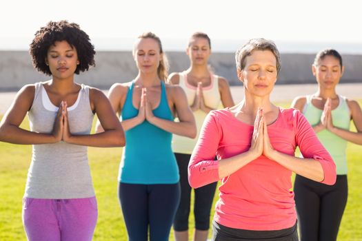 Peaceful sporty women doing prayer position in yoga class in parkland
