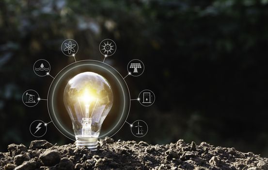 Energy saving light bulb on nature background for energy and creative concept.
