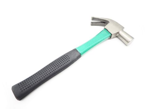 Green iron hammer with rubberized handle isolated on a white background.