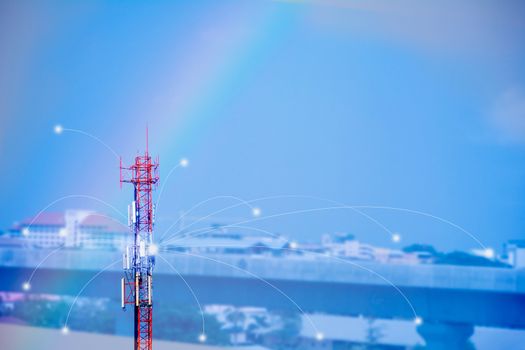 Telecommunication mast TV antennas wireless technology on blue sky background and copy space.