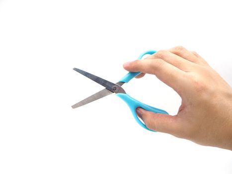 Hand holding a scissors isolated on white background.