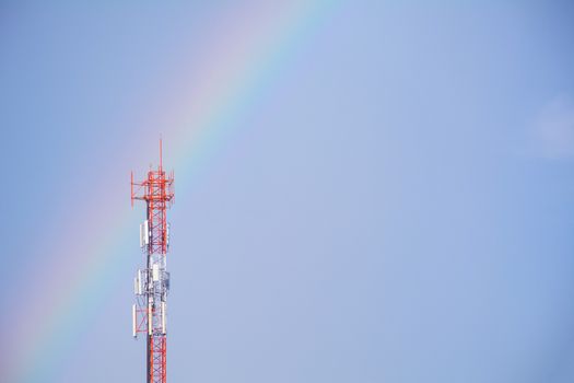Telecommunication mast TV antennas wireless technology on blue sky background and copy space.