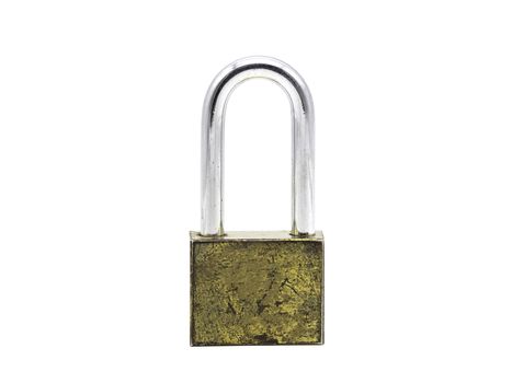 A rusty and old lock isolated on a white background.
