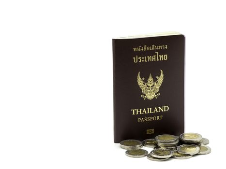 Passport cover of Thailand, Identification citizen with coins isolated on white background.