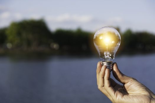 Hand holding a light bulb. Innovation and creative concept.