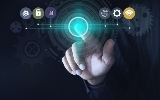 Hand click on virtual touchscreen button. Hand pressing modern buttons. Man hands pressing virtual screens technology concept.