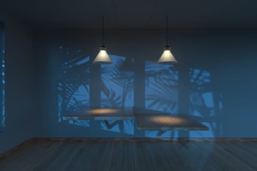 Empty room and shadows,wooden floor and ceiling lamp,3d rendering. Computer digital drawing.