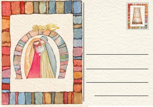 Hand drawn back postcard with Christmas nativity scene and Angel