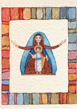 Hand drawn back postcard ,Virgin Mary