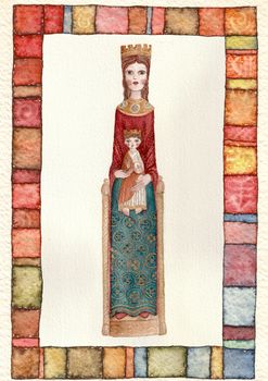 Hand drawn back postcard ,  Enthroned Romanic Virgin Mary end Child, watercolor illustration